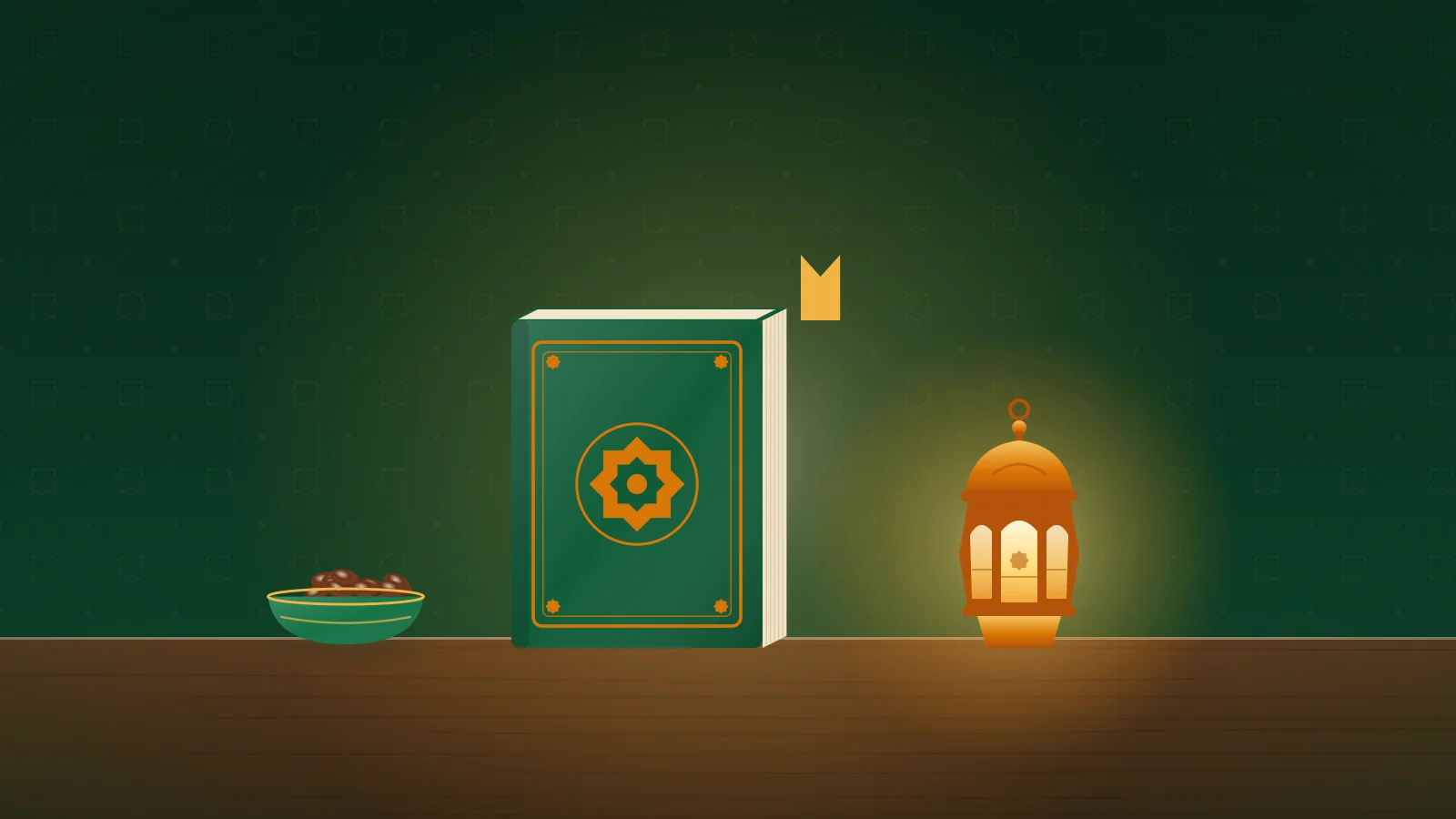 Illustration of a Quran with a bookmark, a glowing lantern and a bowl of dates