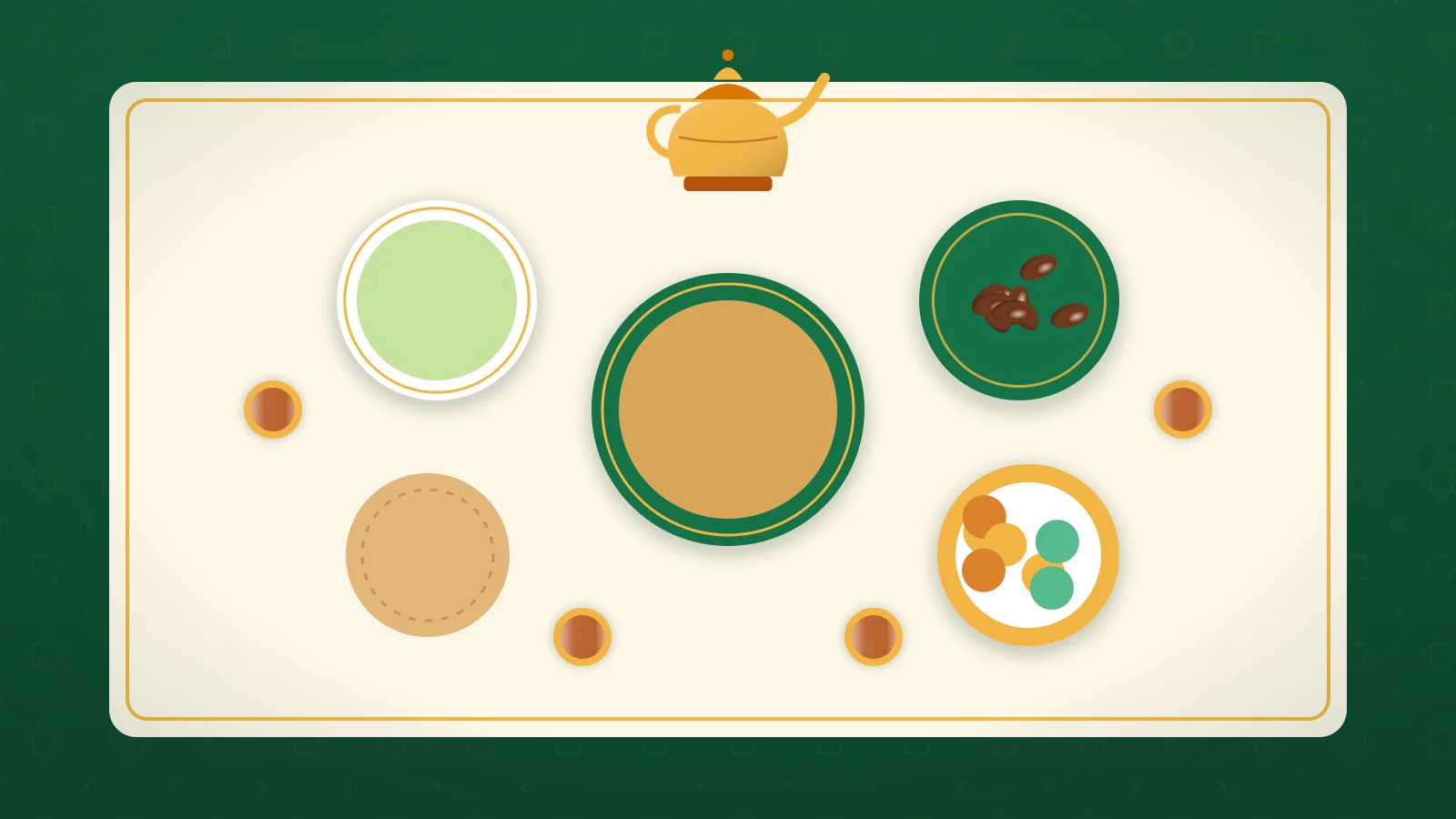 Illustration seen from above of a generous table for guests with dates, bread, fruit, bowls, tea glasses and a teapot