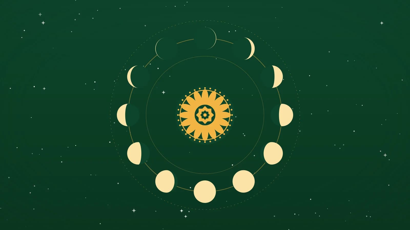 Illustration of the phases of the moon arranged in a circle around a gold rosette