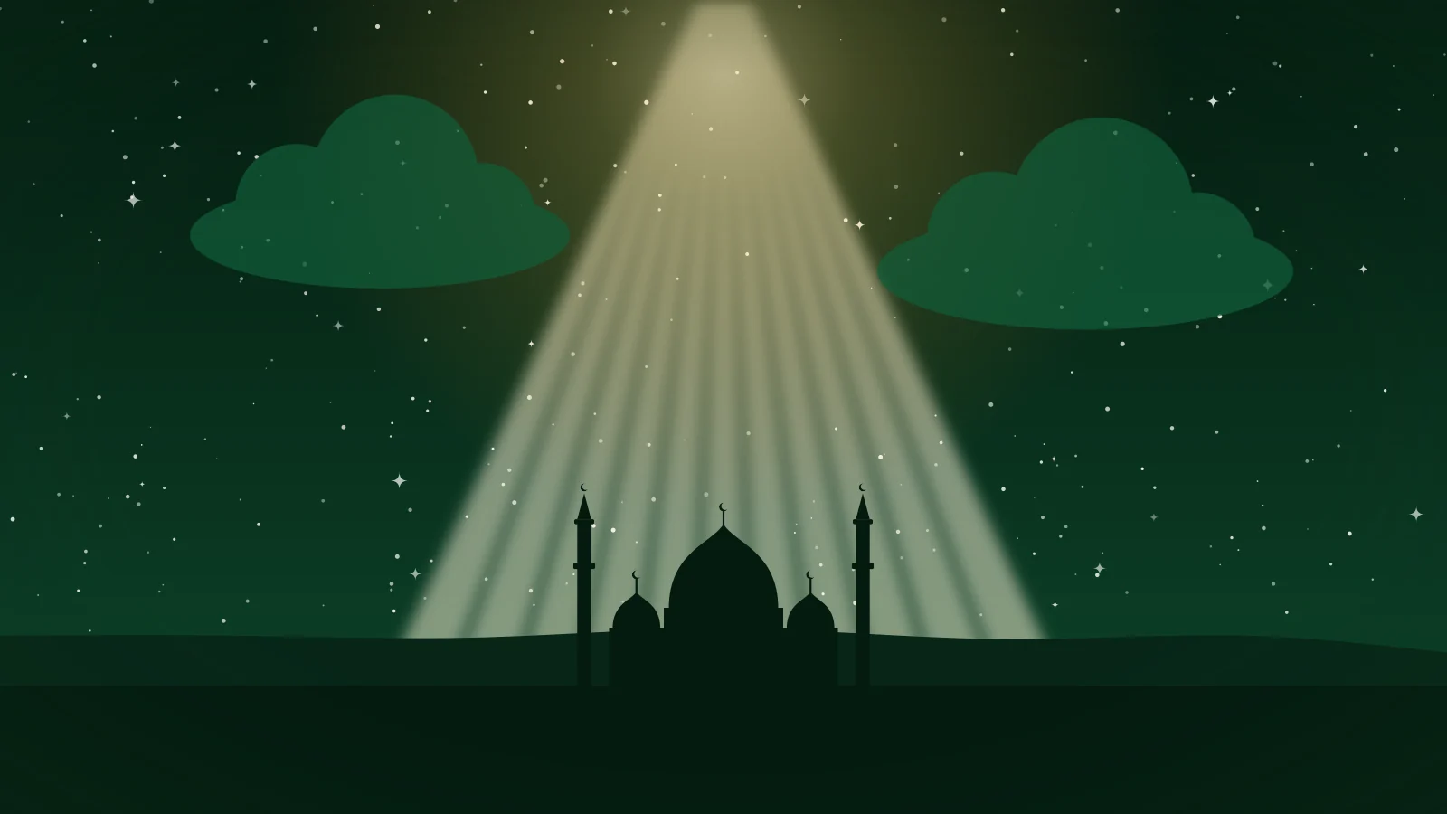 Illustration of soft light descending from a starry night sky towards a mosque