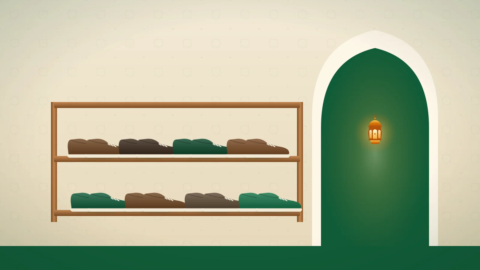 Illustration of shoes placed neatly on a wooden rack beside an arched mosque entrance