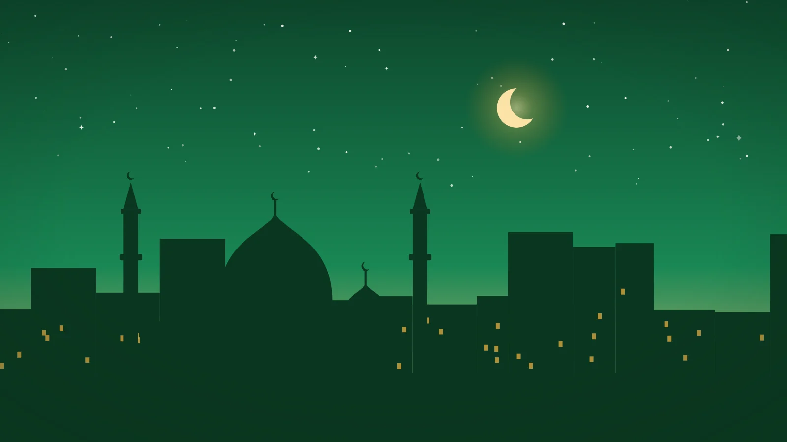 Illustration of a thin new crescent moon rising over a city skyline and a mosque at dusk