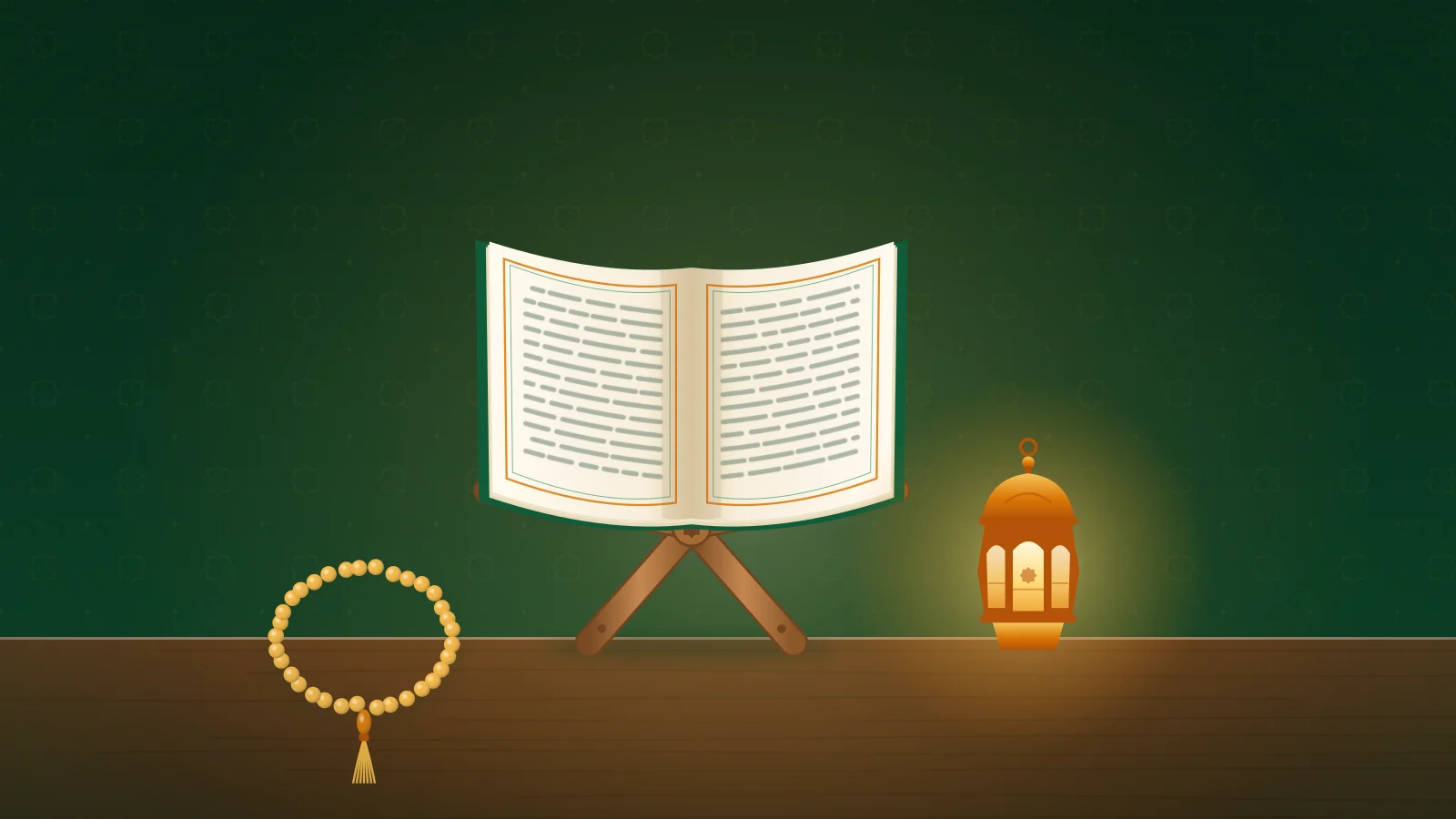 Illustration of a lantern lighting an open Quran on a wooden stand at night, with prayer beads nearby