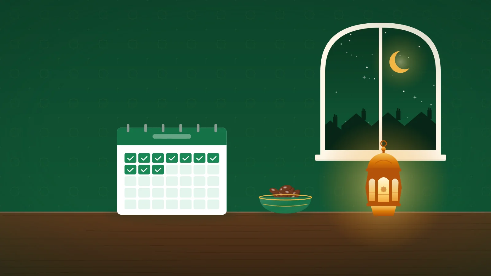 Illustration of a calendar with ticked days, a bowl of dates and a lantern, with a crescent moon in the window