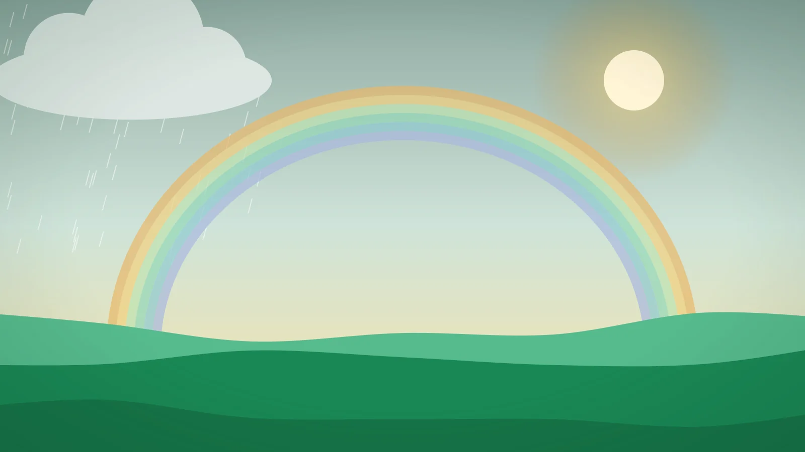 Illustration of rain clearing to a rainbow over green hills