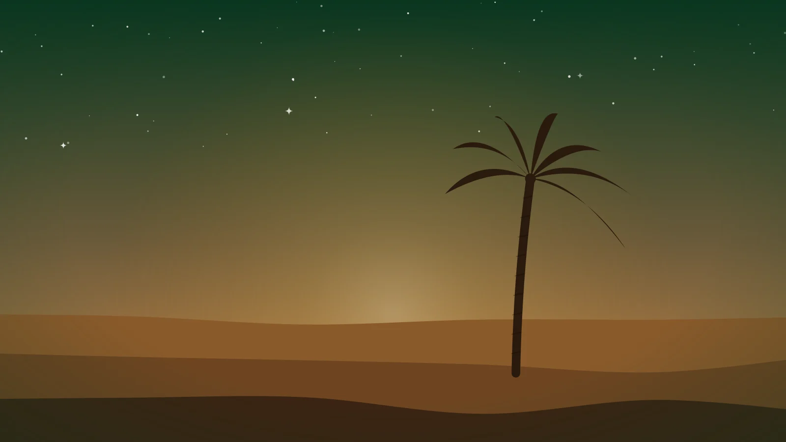 Illustration of quiet desert dunes at dusk with a single palm tree