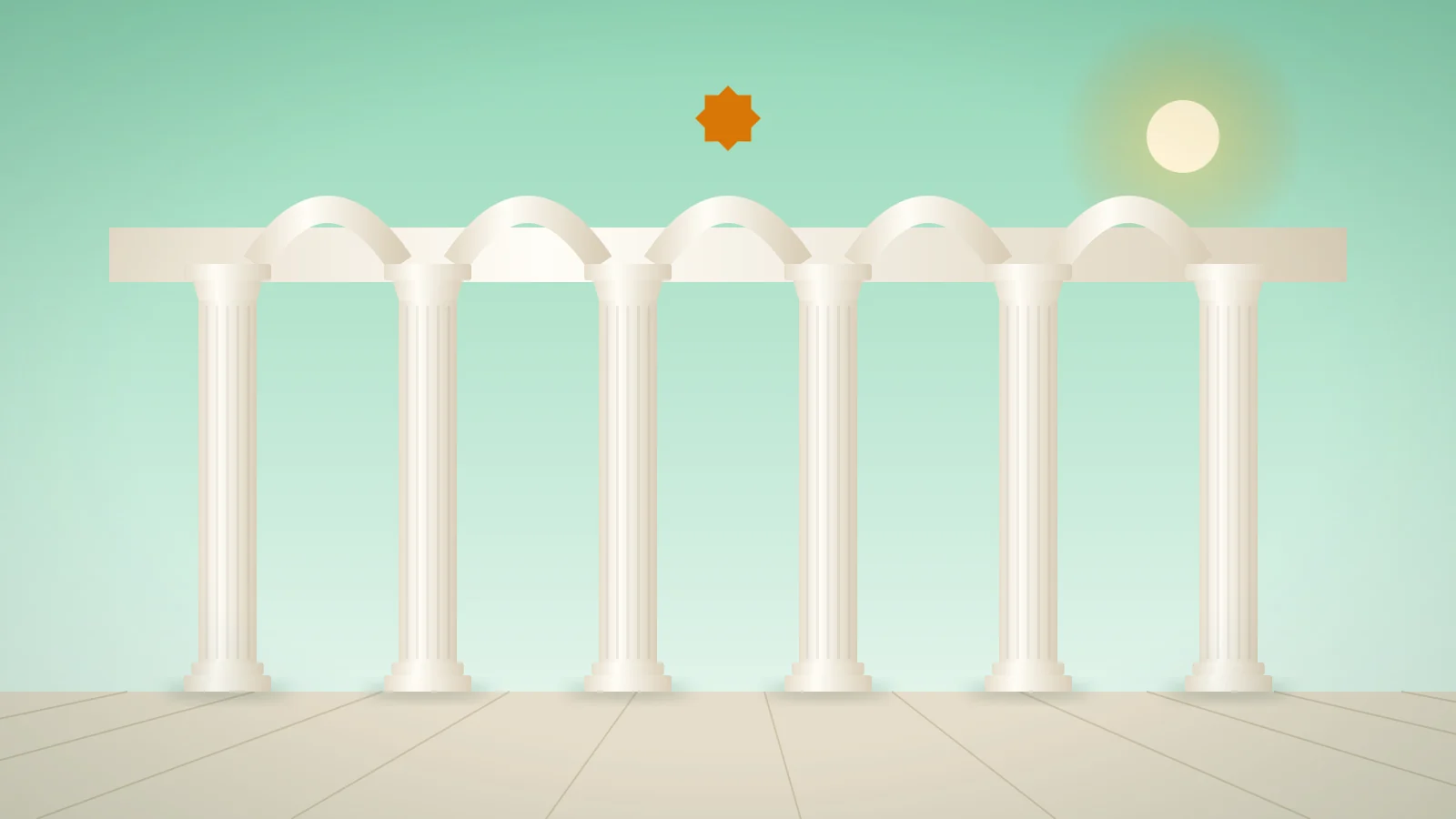 Illustration of six white marble pillars standing in a sunlit courtyard