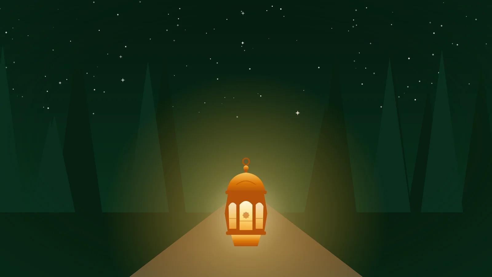 Illustration of a single lantern lighting a path through a dark forest at night
