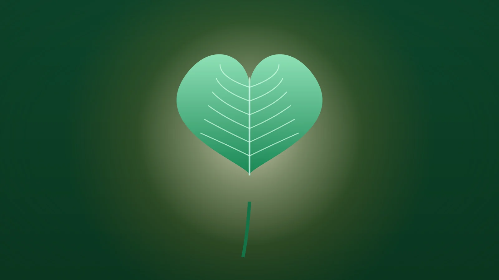 Illustration of a glowing heart-shaped green leaf lit from behind