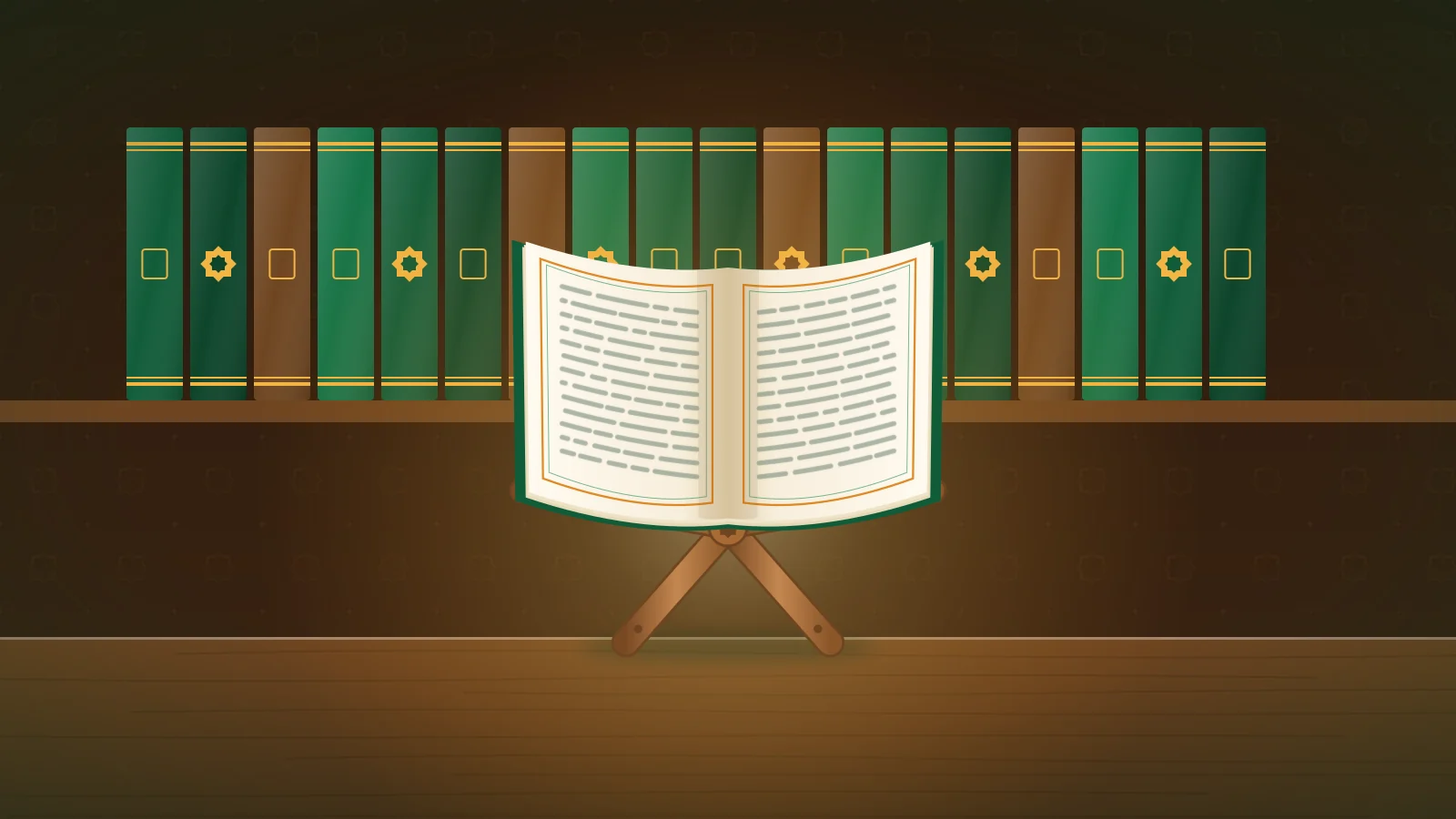 Illustration of an open Quran on a wooden stand in front of a shelf of tafsir volumes
