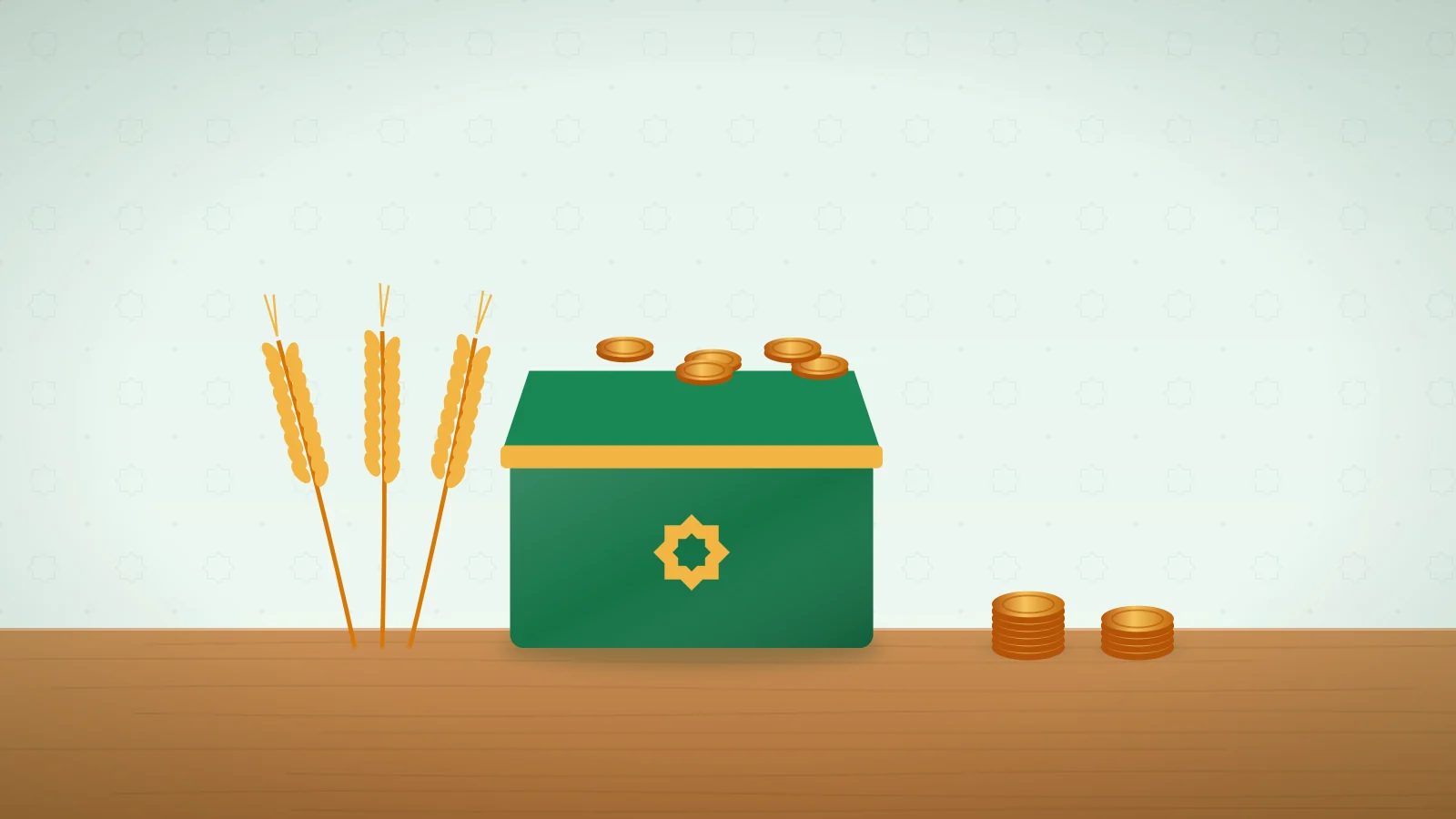 Illustration of a green box filled with gold coins beside stacks of coins and stalks of wheat