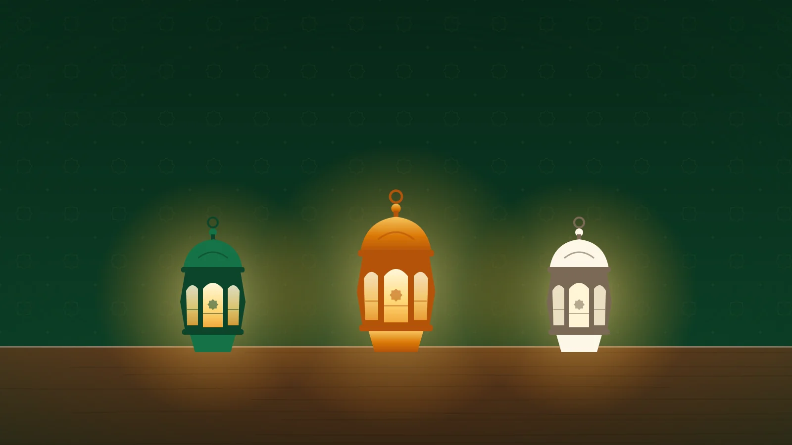 Alhamdulillah, MashaAllah and Astaghfirullah Illustration of three glowing lanterns in green, gold and cream side by side