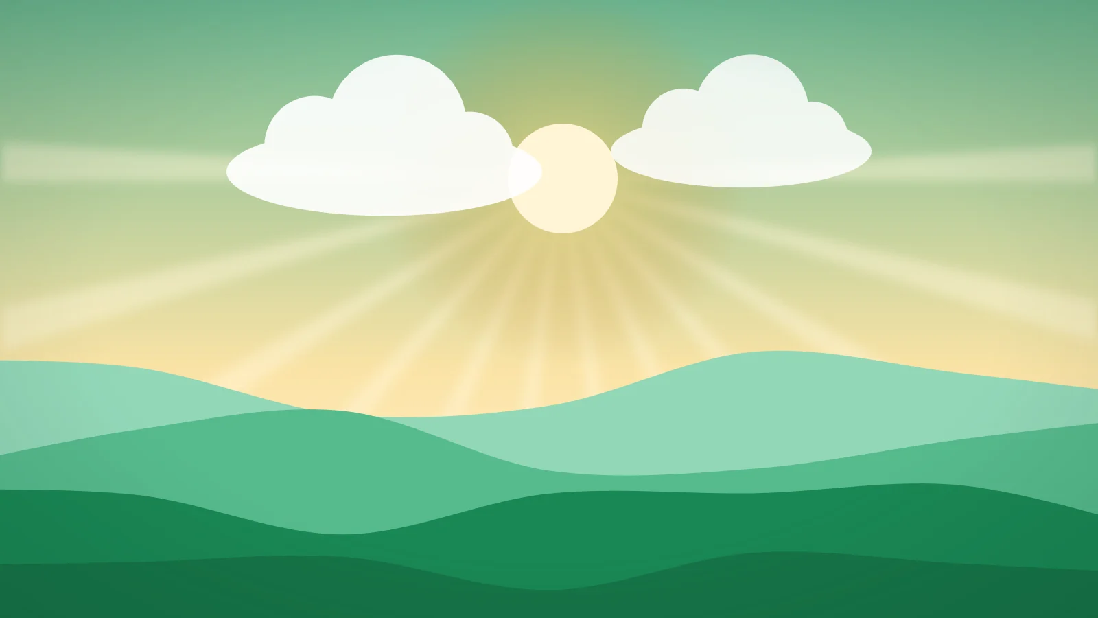 The meaning of Alhamdulillah Illustration of the sun shining through clouds over rolling green hills