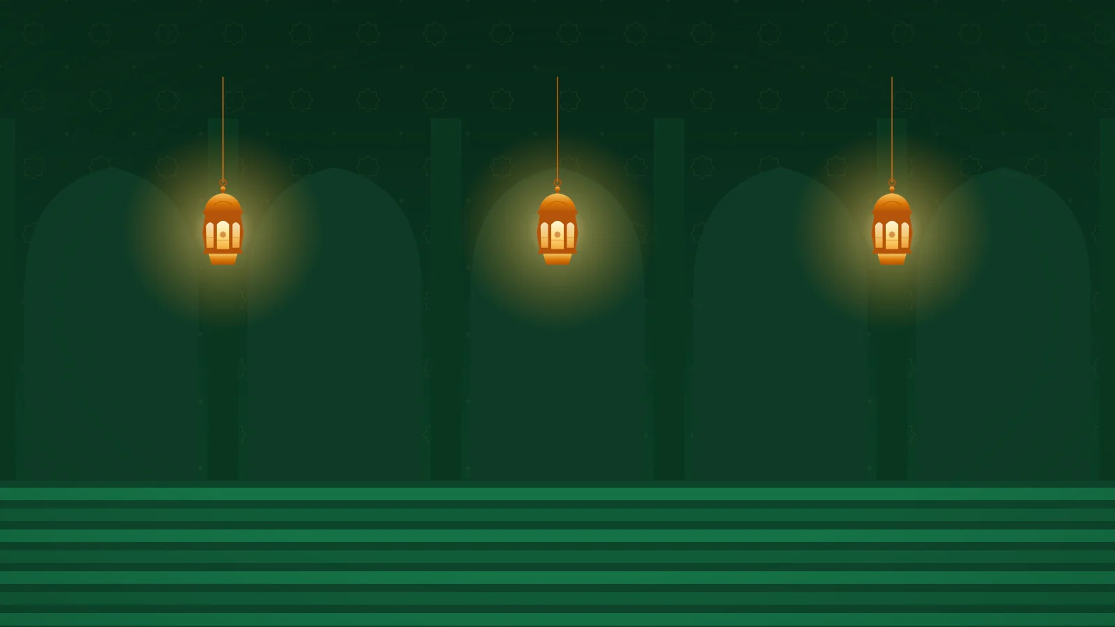 Dua Qunoot Illustration of a quiet mosque at night with three glowing lanterns hanging between the arches