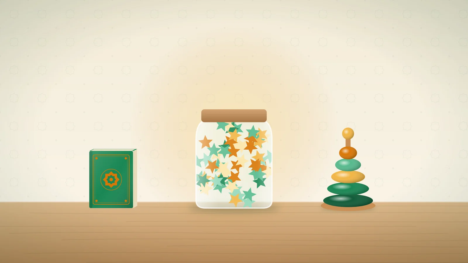 Hadith for kids Illustration of a glass jar full of colourful paper stars on a child's shelf