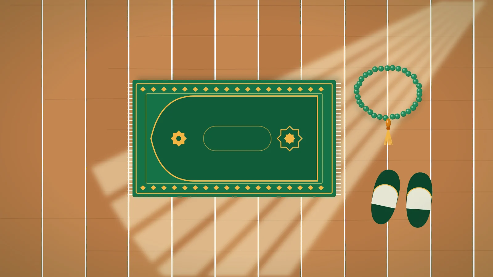 Sunnah prayers every Muslim should know Illustration of a green prayer mat on a wooden floor in morning sunlight, with prayer beads and a pair of slippers