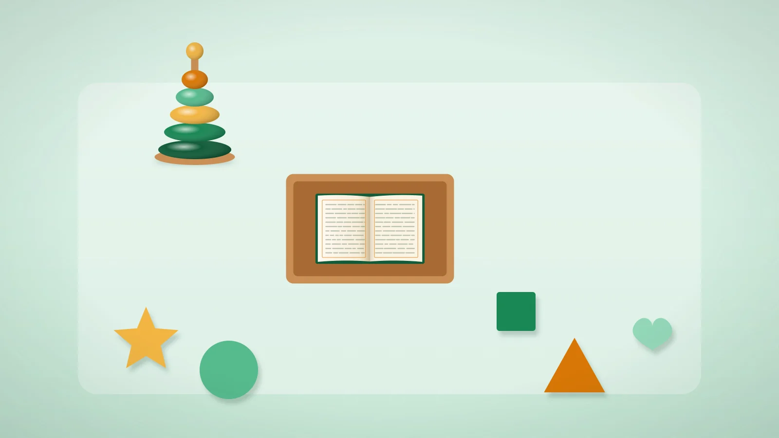 Teaching the Quran to 3 and 4 year olds Illustration of soft foam shapes, a stacking toy and a small Quran on a play mat
